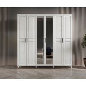 GuneyStore Sport 6 Kapaklı Aynalı Beyaz Gardırop