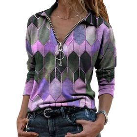 Guocu Colorblock Geometrik Baskılı Kısa Kol Üst Yaka Mor-C Kadın T-shirt