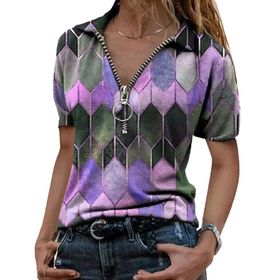 Guocu Colorblock Geometrik Baskılı Kısa Kol Üst Yaka Mor-C Kadın T-shirt