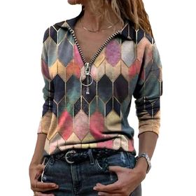 Guocu Colorblock Geometrik Baskılı Kısa Kol Üst Yaka Pembe Kadın T-shirt