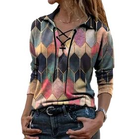 Guocu Colorblock Geometrik Baskılı Kısa Kol Üst Yaka Pembe Kadın T-shirt