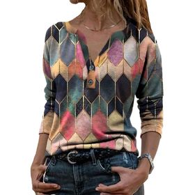 Guocu Colorblock Geometrik Baskılı Kısa Kol Üst Yaka Pembe Kadın T-shirt