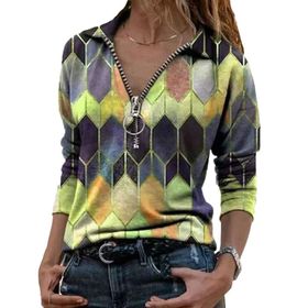 Guocu Colorblock Geometrik Baskılı Kısa Kol Üst Yaka Sarı Kadın T-shirt