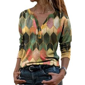Guocu Colorblock Geometrik Baskılı Kısa Kol Üst Yaka Sarı Kadın T-shirt