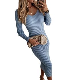 Guocu Jumper Bodycon Uzun Kollu Yuvarlak Yaka Zarif Düz Renk Mavi Kadın Elbise