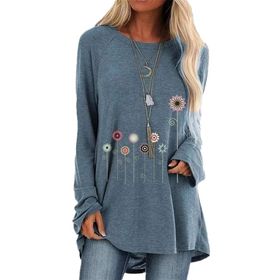 Guocu Karahindiba Çiçek Baskılı Sıfır Yaka Uzun Kol Lblue-A Kadın T-shirt