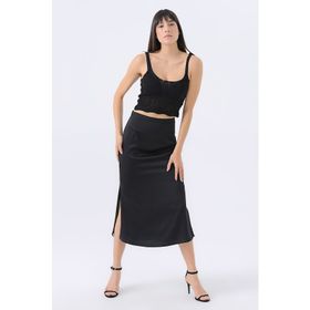 Gusto Uzun Saten Siyah Kadın Etek
