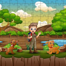 Güven Serigrafi Çocuk ve Köpekleri 108 Parça Ahşap Çocuk Puzzle Yapboz