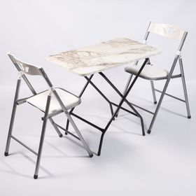Güzelkan Madeni Eşya 50x80 cm 1130 Beyaz Mermer Desenli Katlanır Masa ve 2 Adet Sandalye Seti