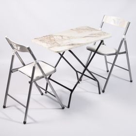 Güzelkan Madeni Eşya 50x80 cm 1130 Beyaz Mermer Desenli Katlanır Masa ve 2 Adet Sandalye Seti