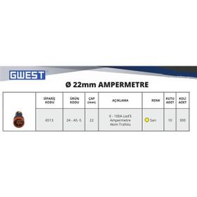 Gwest 22 AS-S 100A Sarı AD-116 Ampermetre