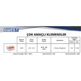 Gwest GW-413 3 İletken Bağlantılı Çok Amaçlı Klemens