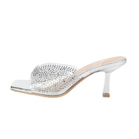 Gzhmman High Heels Yüksek Topuklu Kare Uçlu Sırtı Açık Silver Kadın Sandalet