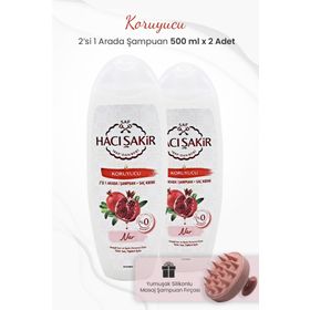 Hacı Şakir 2x500 ml Nar İkisi Bir Arada Koruyucu Şampuan ve Pembe Şampuan Fırçası