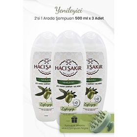 Hacı Şakir 3x500 ml Zeytinyağlı 2si 1 Arada Şampuan ve Yeşil Şampuan Fırçası