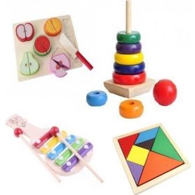 Hamaha Wooden Toys Ahşap Eğitici Geliştirici Geçmeli Kule+Meyve Kesme+Tangram+Selefon 4'Lü Set