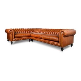 Hanel Mobilya Klasik Chesterfield Kahve Suni Deri Chester Köşe Koltuk Takımı
