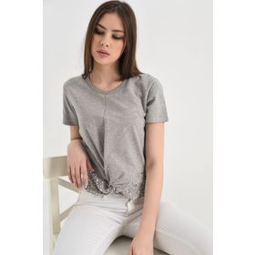 Hanna's HN1291 Gri Düğüm Ve Boncuk Detaylı Kısa Kollu Kadın T-Shirt