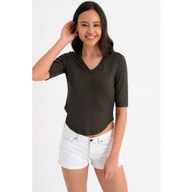 Hanna's HN1664 Yeşil V Yakalı Kısa Kadın T-Shirt