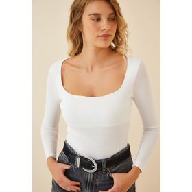 Happiness GT00052 İstanbul Kadın Beyaz Kare Yaka Fitilli Örme Bluz