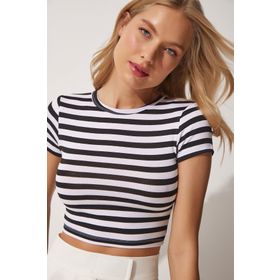 Happiness İst. AA00038 Kadın Siyah Beyaz Çizgili Crop Örme T-Shirt