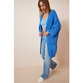Happiness İst. AS00003H Kadın Mavi Oversize Uzun Cepli Triko Hırka