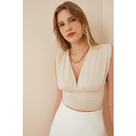 Happiness İst. BF00039 Kadın Krem Derin V Yakalı Crop Sandy Örme Bluz