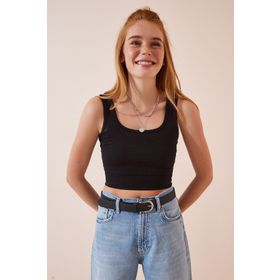 Happiness İst. BF00058 Kadın Siyah Kare Yaka Askılı Fitilli Crop Bluz