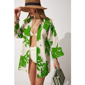Happiness İst. BH00381 Kadın Bej Yeşil Desenli Keten Viskon Kimono