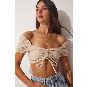 Happiness İst. BV00065 Kadın Bej Keten Karışımlı Büzgülü Crop Bluz