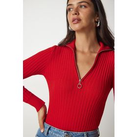 Happiness İst. BV00093 Kadın Kırmızı Fermuarlı Dik Yaka Fitilli Triko Bluz