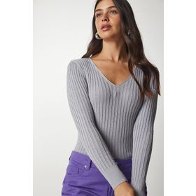 Happiness İst. BV00096 Kadın Gri V Yaka Fitilli Basic Bluz