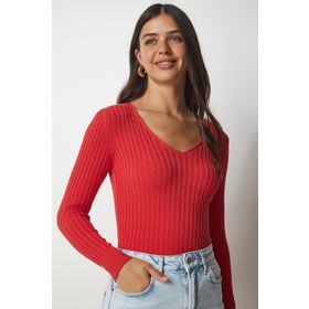 Happiness İst. BV00096 Kadın Koyu Oranj V Yaka Fitilli Basic Bluz