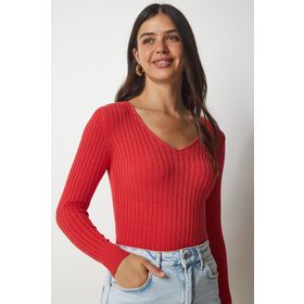 Happiness İst. BV00096 Kadın Koyu Oranj V Yaka Fitilli Basic Bluz
