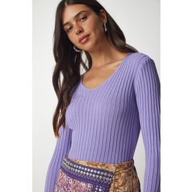 Happiness İst. BV00096 Kadın Lila V Yaka Fitilli Basic Bluz