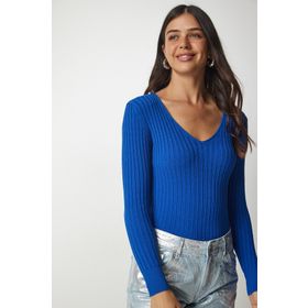 Happiness İst. BV00096 Kadın Mavi V Yaka Fitilli Basic Bluz