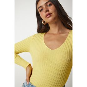 Happiness İst. BV00096 Kadın Sarı V Yaka Fitilli Basic Bluz