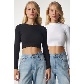 Happiness İst. CE00085 Kadın Beyaz Siyah Fitilli 2'Li Paket Triko Crop Bluz