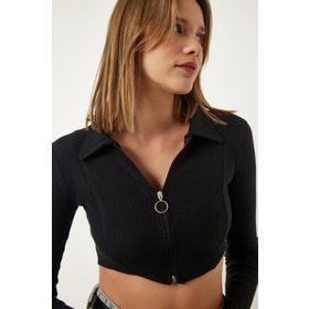 Happiness İst. CE00090 Siyah Fermuarlı Polo Yaka Crop Örme Kadın Bluz