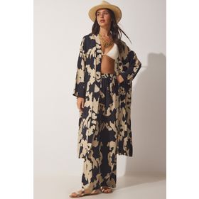 Happiness İst. CI00086 Kadın Siyah Bej Desenli Viskon Kimono Palazzo Pantolon Takım