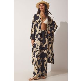Happiness İst. CI00086 Kadın Siyah Bej Desenli Viskon Kimono Palazzo Pantolon Takım