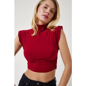 Happiness İst. CI00101 Kadın Bordo Dik Yaka Büzgülü Crop Örme Bluz