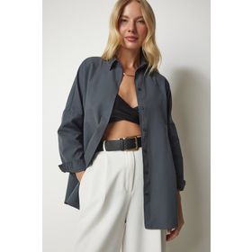Happiness İst. DD00842 Füme Oversize Uzun Basic Kadın Gömlek