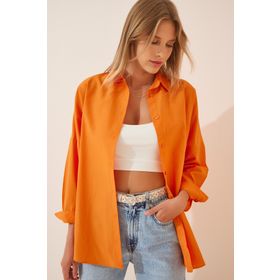 Happiness İst. DD00842 Kadın Açık Oranj Oversize Uzun Basic Gömlek