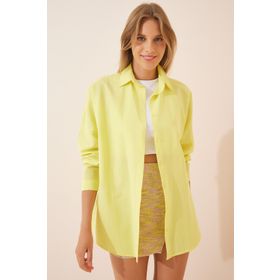 Happiness İst. DD00842 Kadın Açık Sarı Oversize Uzun Basic Gömlek