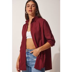 Happiness İst. DD00842 Kadın Bordo Oversize Uzun Basic Gömlek