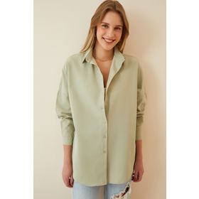 Happiness İst. DD00842 Kadın Çağla Yeşili Oversize Uzun Basic Gömlek