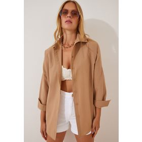 Happiness İst. DD00842 Kadın Camel Oversize Uzun Basic Gömlek