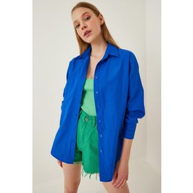 Happiness İst. DD00842 Kadın Canlı Mavi Oversize Uzun Basic Gömlek