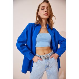 Happiness İst. DD00842 Kadın Canlı Mavi Oversize Uzun Basic Gömlek